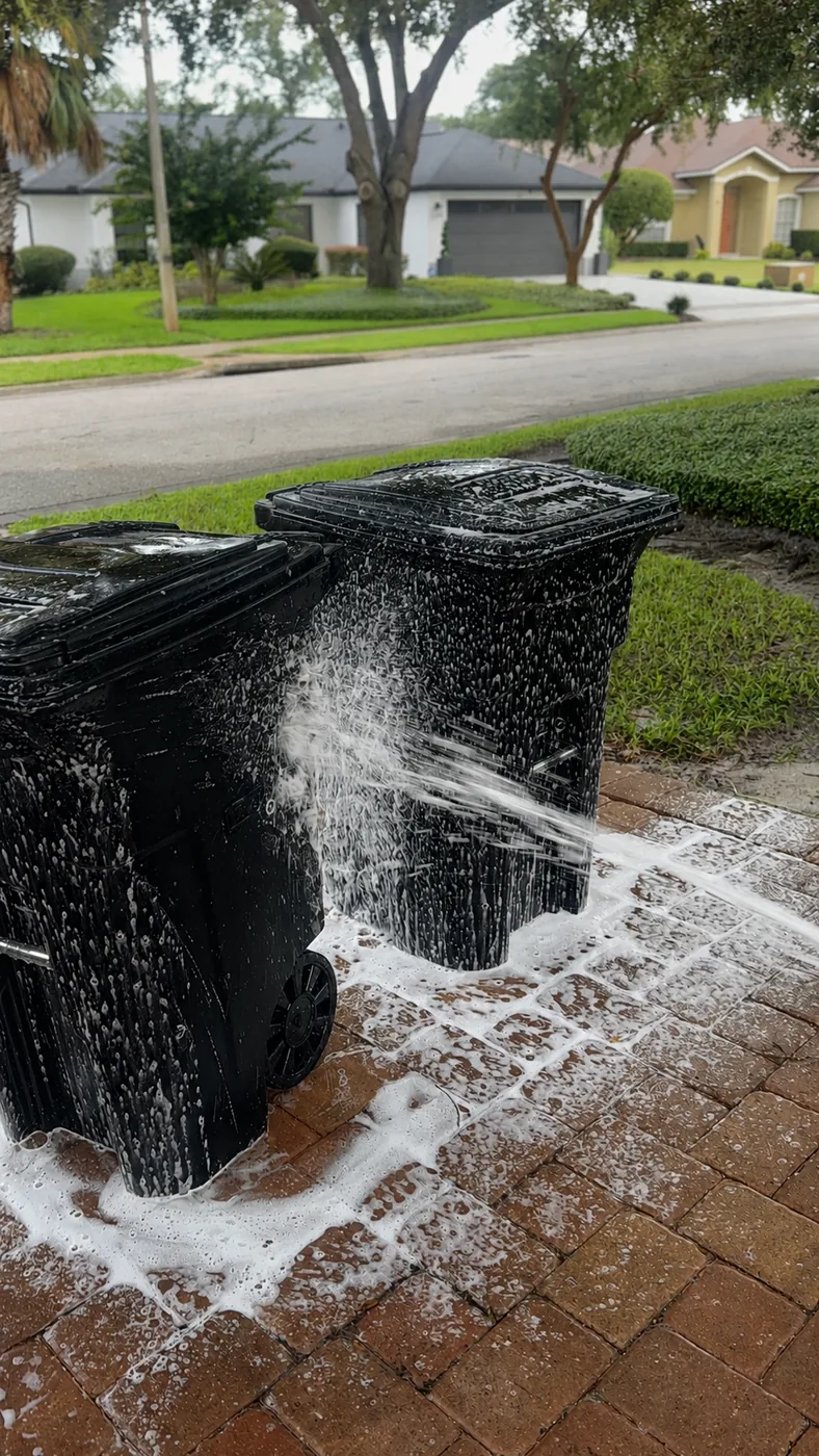 Trash bins covered in soap during the cleaning process
